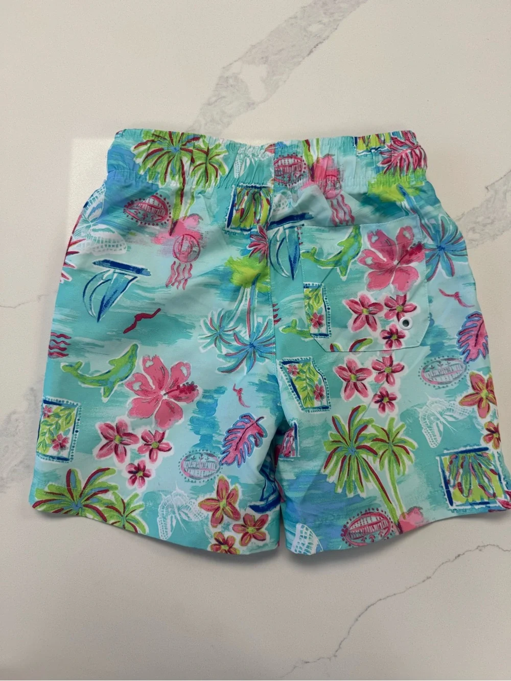 Place Kids Aqua Tropical Swim Trunks with Pink Floral Print